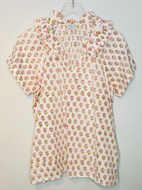 Saule Parc Garden Floral Pink White Green Puff Popover Blouse Shirt Top